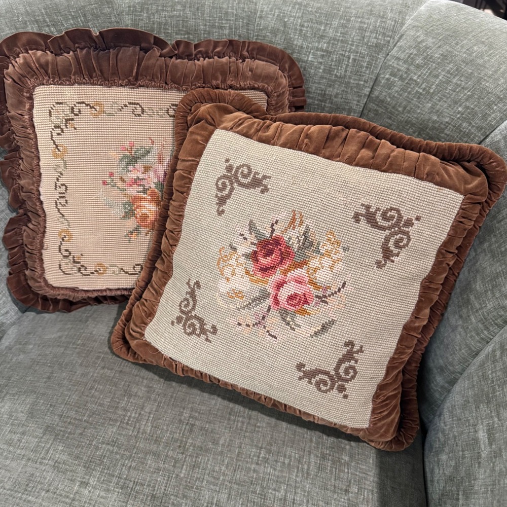 Vintage Needlepoint Throw Pillows 12" Brown Green Floral Velvet Ruffle Set of 2